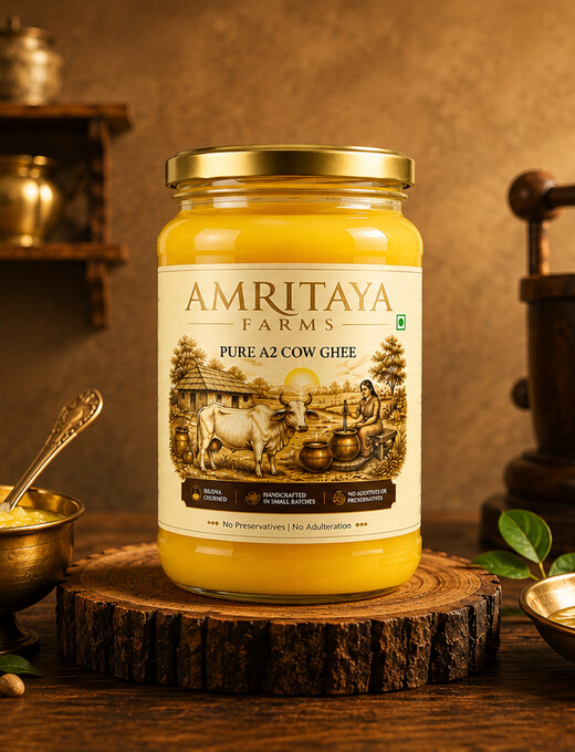 Amritaya Bilona ghee jar beside a traditional brass vessel